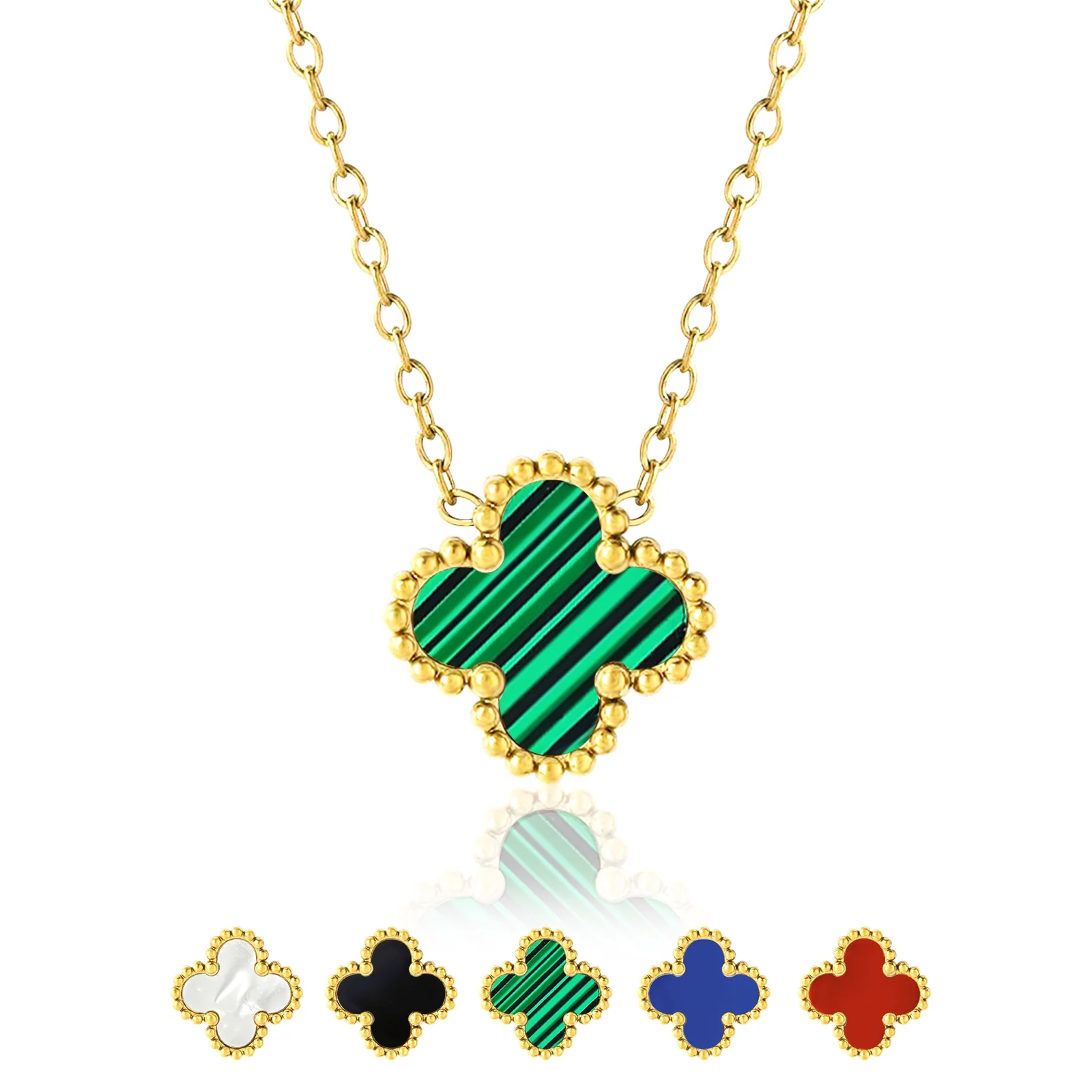 3015f33f55604b7761f22b9a4296bc6b-1.png Green Flower Pendant Necklace in Yellow Gold Plated - Image 1