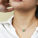 Green Flower Pendant Necklace in Yellow Gold Plated - Image 6