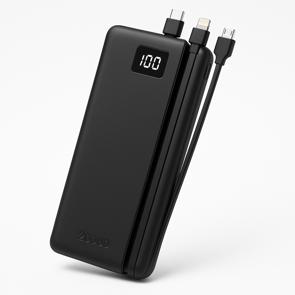 power-bank-20000.png Portable Power Bank 20000mAh with Built-in Cables — USB-C, Lightning & Micro-USB, LED Display, Fast Charging - Image 1